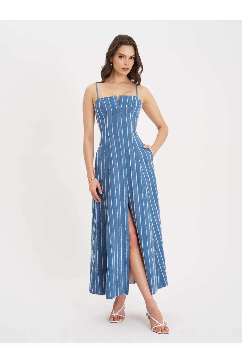 Abygail Stripe Cotton Denim Maxi Dress, Main, color, blue