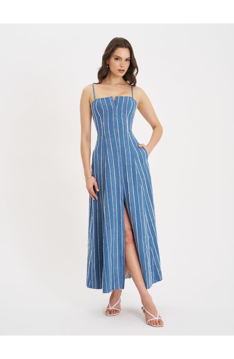 Miss Circle Abygail Stripe Cotton Denim Maxi Dress, Main, color, Blue