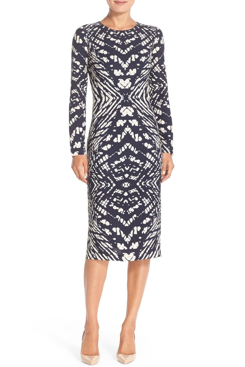 Tie Dye Print Crepe Midi Sheath Dress, Main, color, NAVY/ CREAM