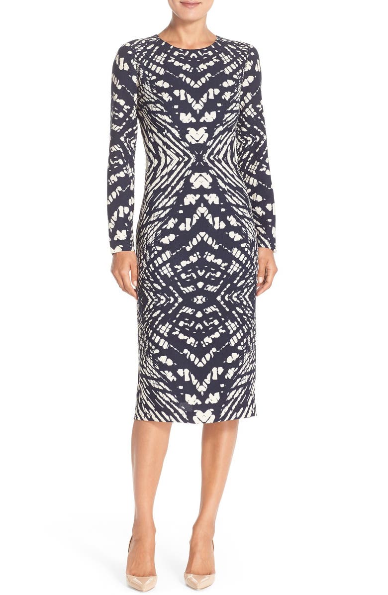 Maggy London Tie Dye Print Crepe Midi Sheath Dress, Main, color, Navy/ Cream