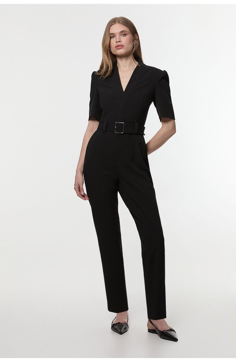 Karen Millen Petite Crepe Belted Jumpsuit, Main, color, Black