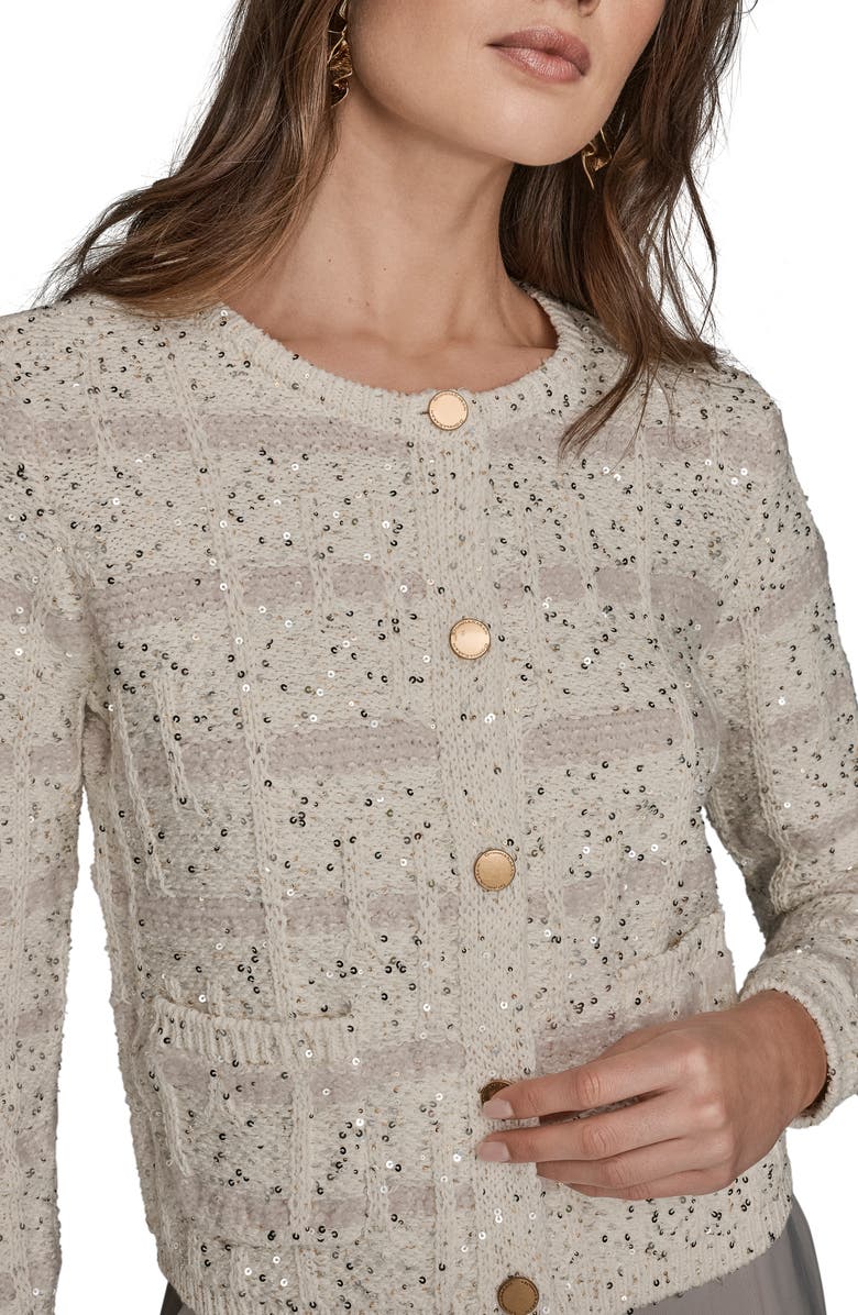 Donna Karan New York Sequin Crop Cotton & Wool Blend Cardigan, Alternate, color, Cream
