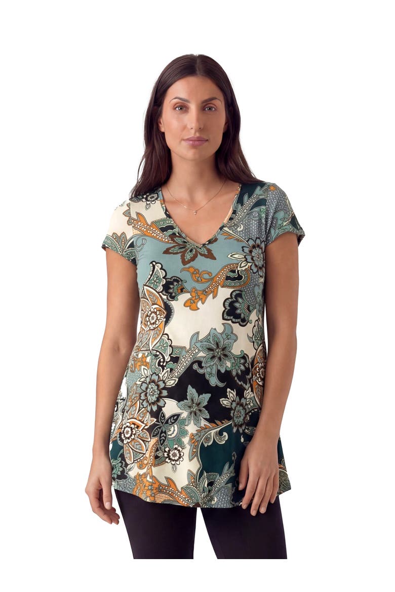Maternity Basic Floral Print V-Neck Short Sleeve Flared Tunic Top, Main, color, Green Multi