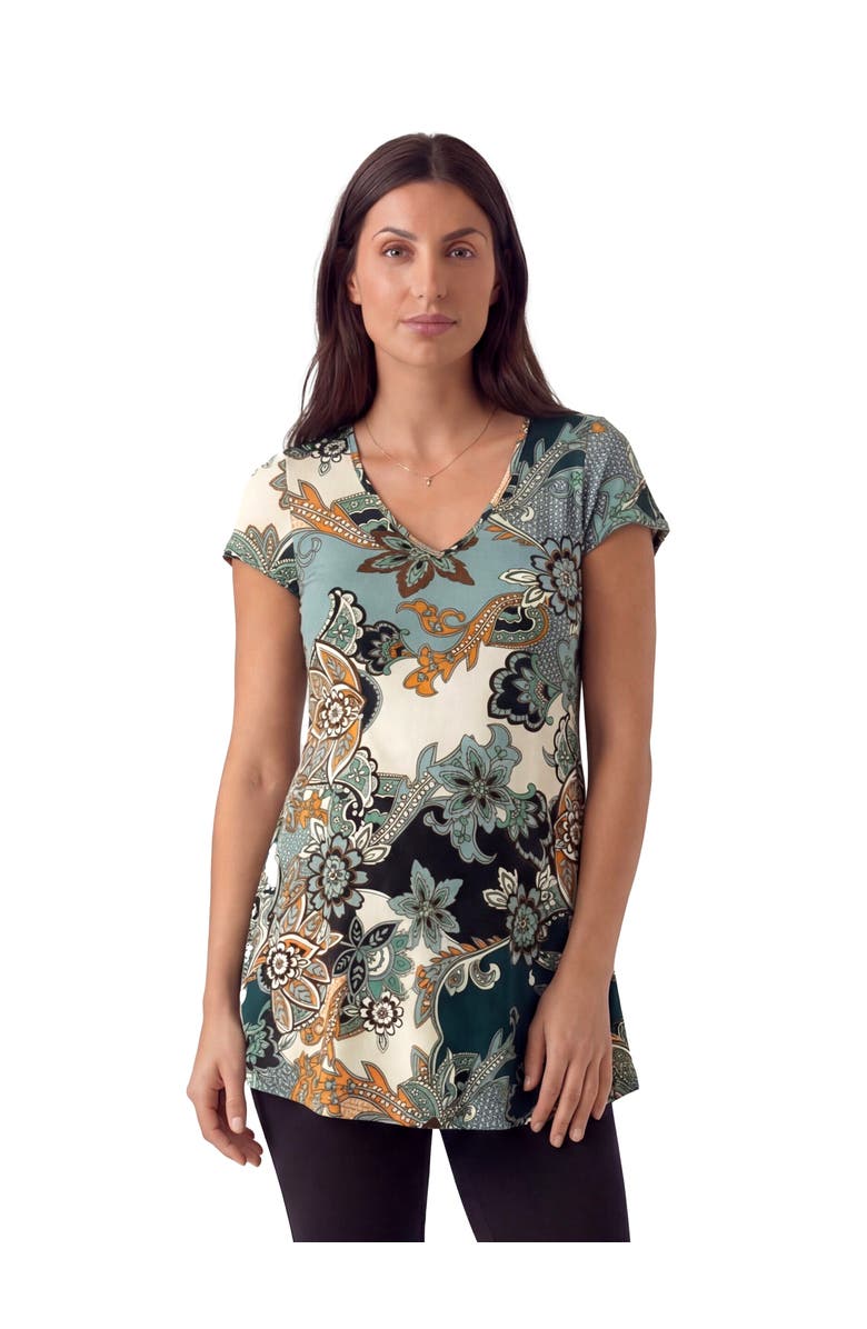 24seven Comfort Apparel Maternity Basic Floral Print V-Neck Short Sleeve Flared Tunic Top, Main, color, Green Multi