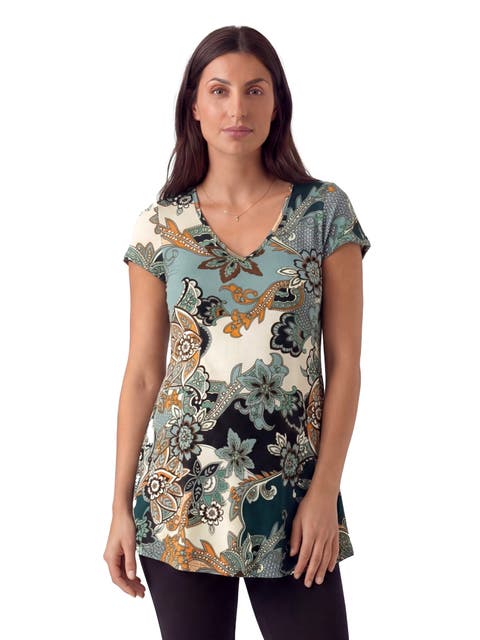 Maternity Basic Floral Print V-Neck Short Sleeve Flared Tunic Top
