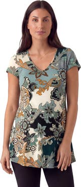 24seven Comfort Apparel Maternity Basic Floral Print V-Neck Short Sleeve Flared Tunic Top