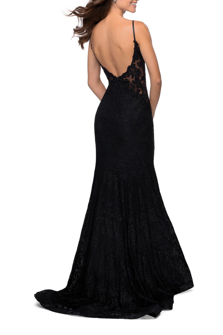 Long Mermaid Lace Dress with Back Rhinestone Detail, Alternate, color, BLACK