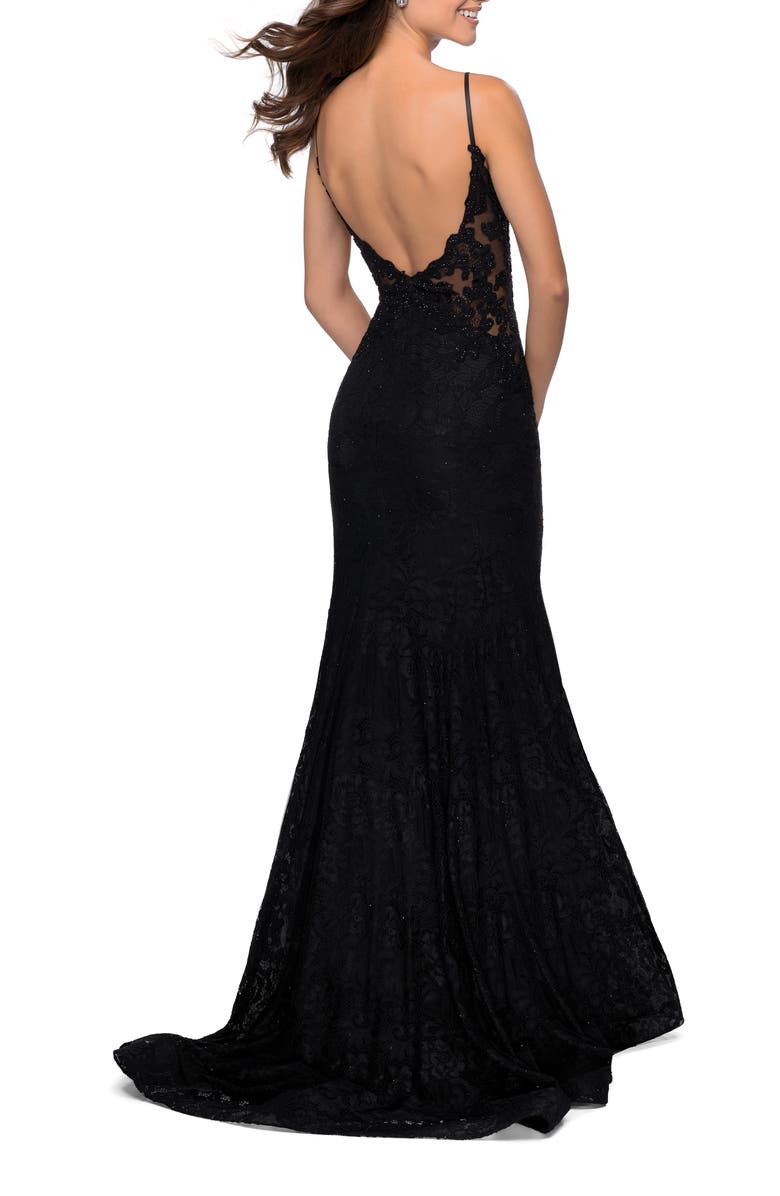 La Femme Long Mermaid Lace Dress with Back Rhinestone Detail, Alternate, color, Black