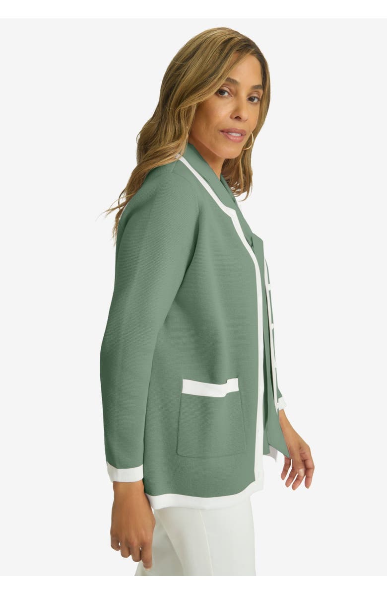 Jessica London Tipped Boxy Cardigan, Alternate, color, Olive Drab White