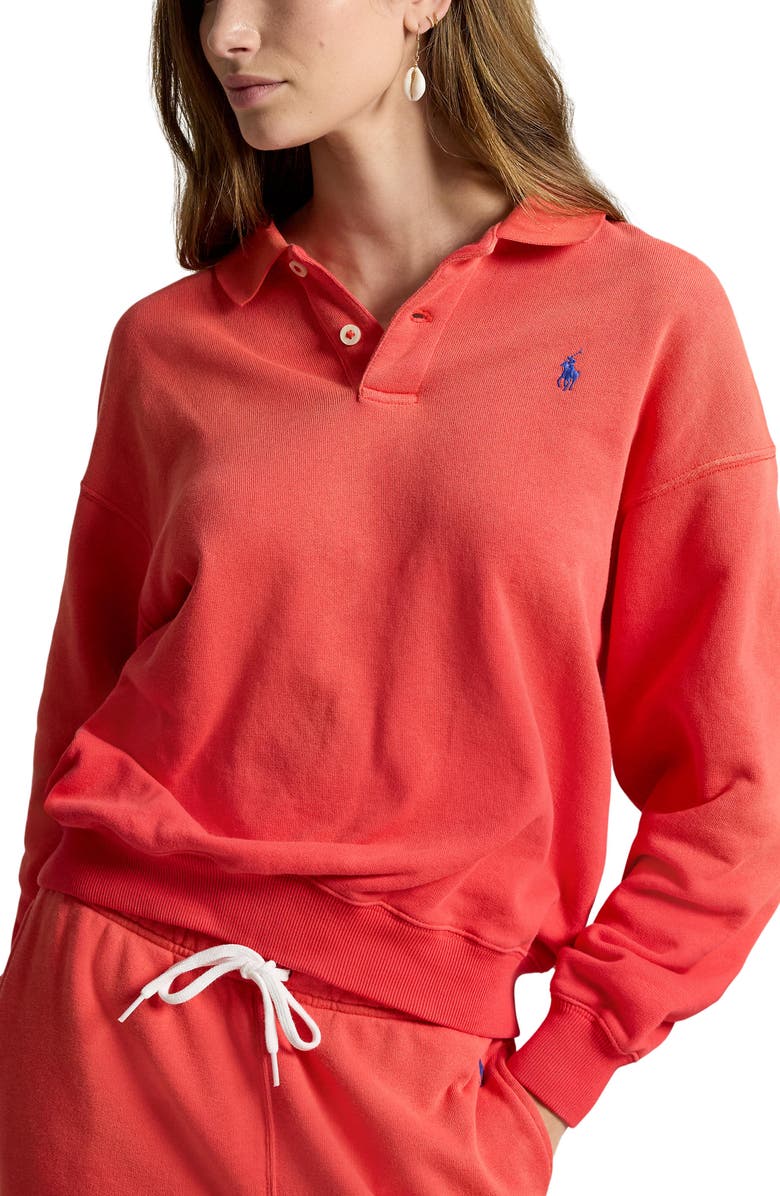 Polo Ralph Lauren Crop Fleece Polo Sweatshirt, Main, color, Bright Hibiscus