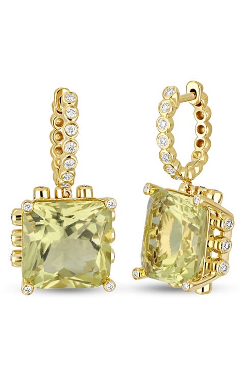 18K Gold Iris Lemon Quartz & Diamond Drop Earrings