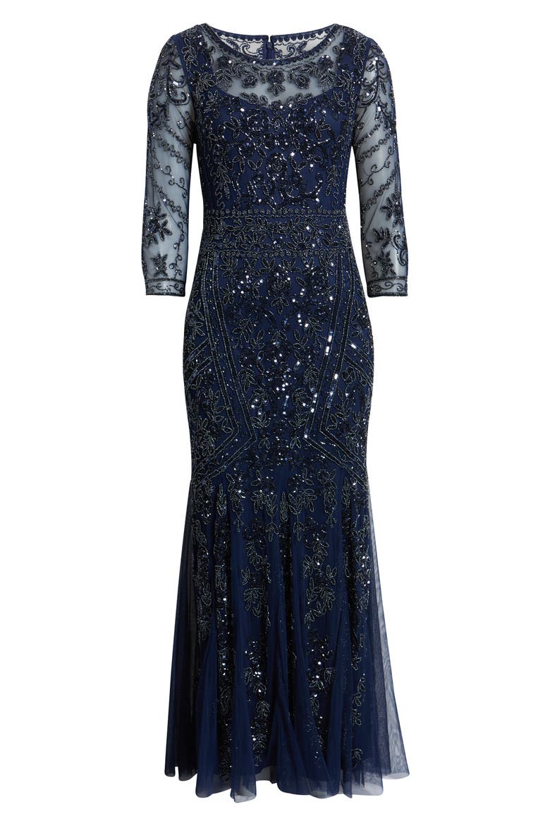 Beaded Chiffon Column Gown, Alternate, color, NAVY 410