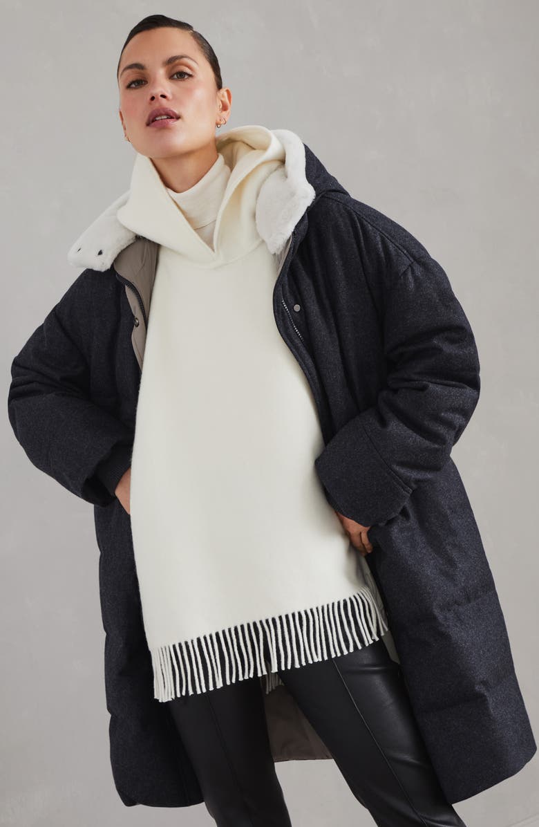 Brunello Cucinelli Virgin wool flannel down parka with detachable shearling insert and shiny zipper pull, Alternate, color, 