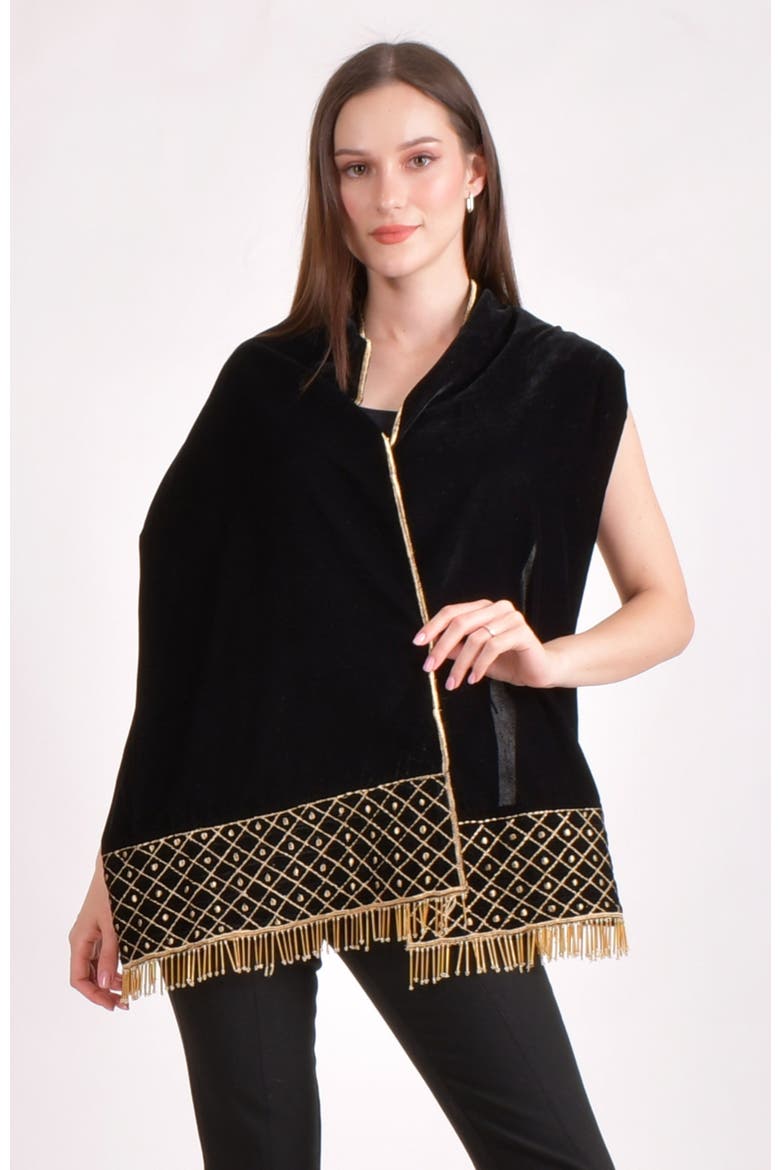 Hand Embroidered Velvet Scarf, Alternate, color, Black
