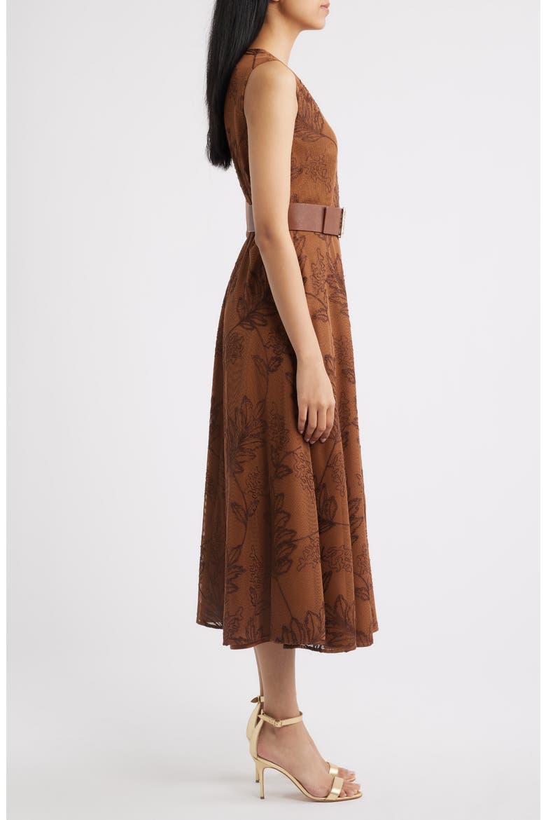 Embroidered Belted Fit & Flare Midi Dress, Alternate, color, CHILI