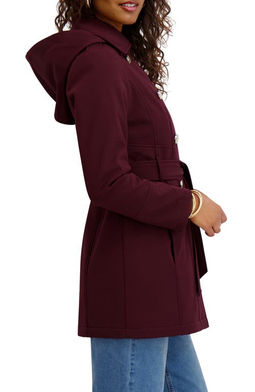 Kensie Hooded Double Breasted Soft Shell Jacket In Burgundy