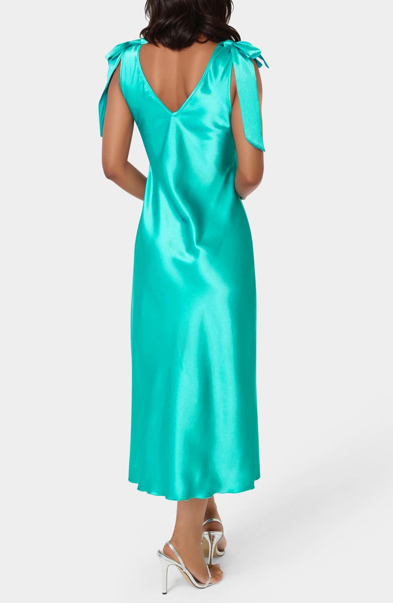 bebe Shoulder Tie Satin Midi Dress, Alternate, color, Emerald