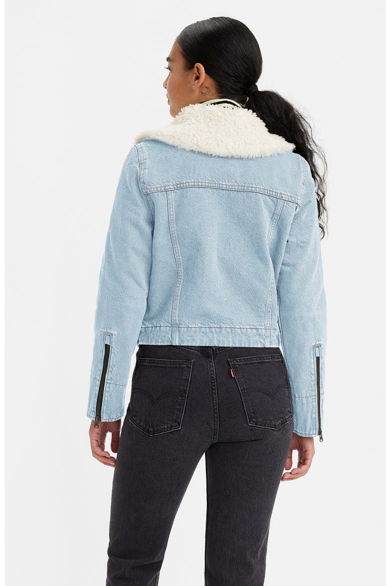 Retro Faux Fur Trim Zip-Up Denim Trucker Jacket, Alternate, color, Z2328 LIGHT INDIGO WORN IN