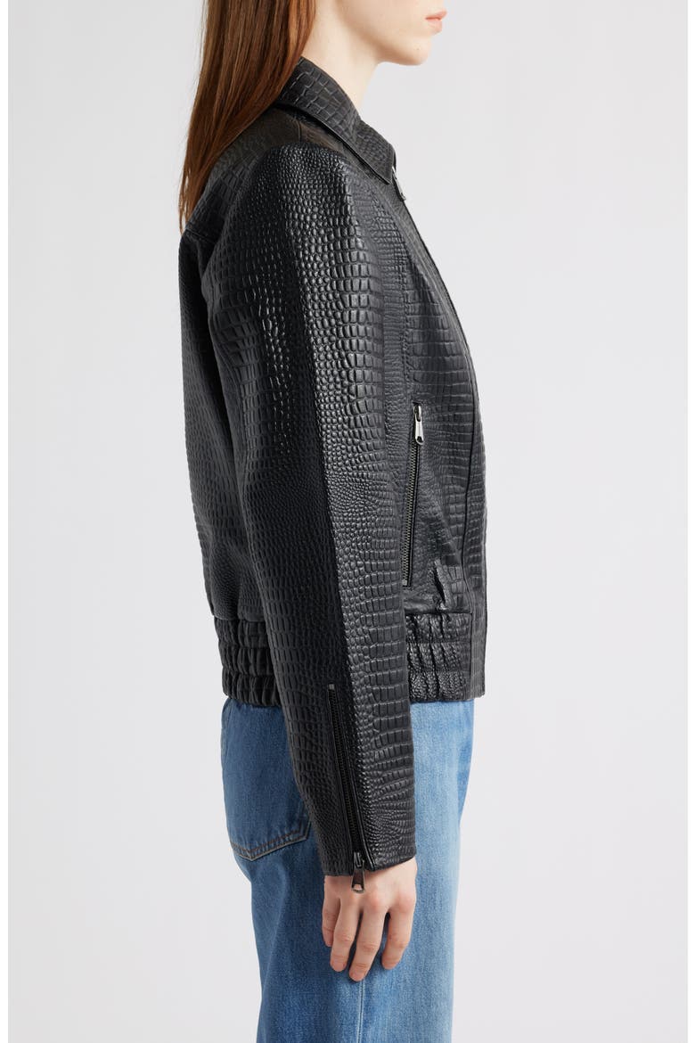 Short Croc-Embossed Leather Jacket, Alternate, color, BLACK