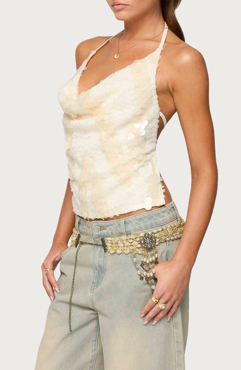 EDIKTED Reid Sequin Cowl Neck Open Back Halter Top, Alternate, color, Cream