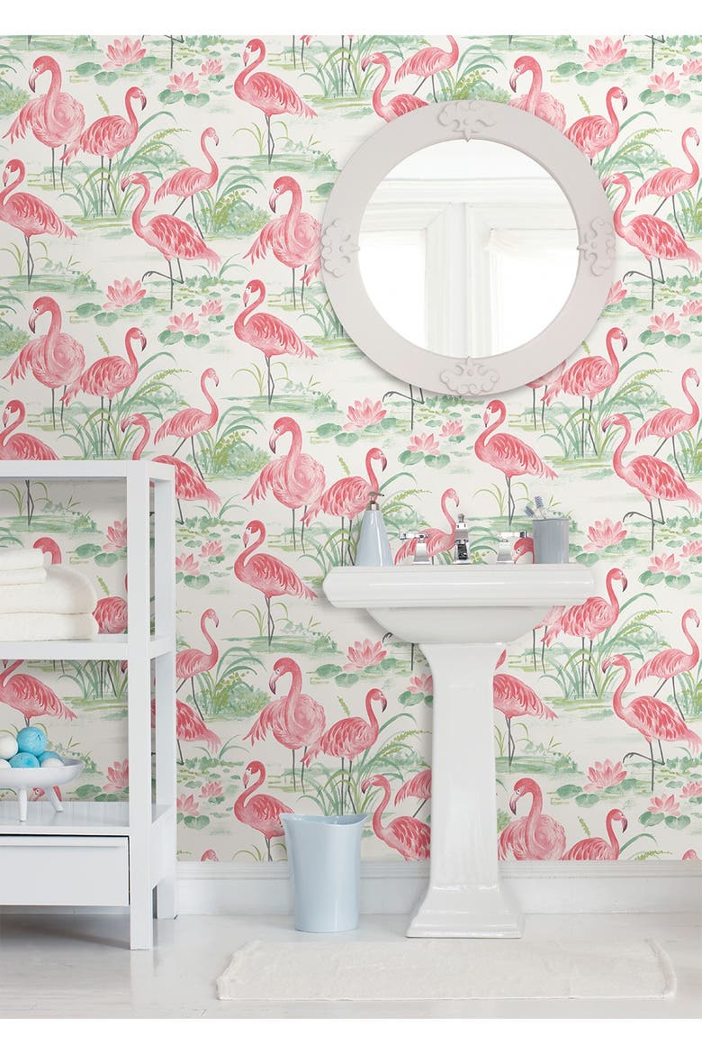 Pink Flamingo Beach Peel & Stick Wallpaper, Alternate, color, PINK