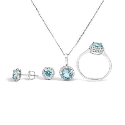 10K Gold Gemstone and 3/8 Cttw Diamond Halo Jewelry Set (Earrings, Pendant & Ring)