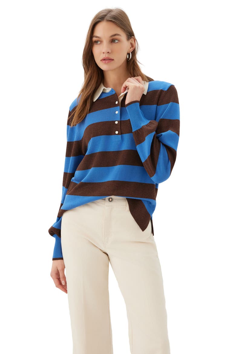 Game Day Striped Sweater, Alternate, color, CHOCOLATE/ SKY
