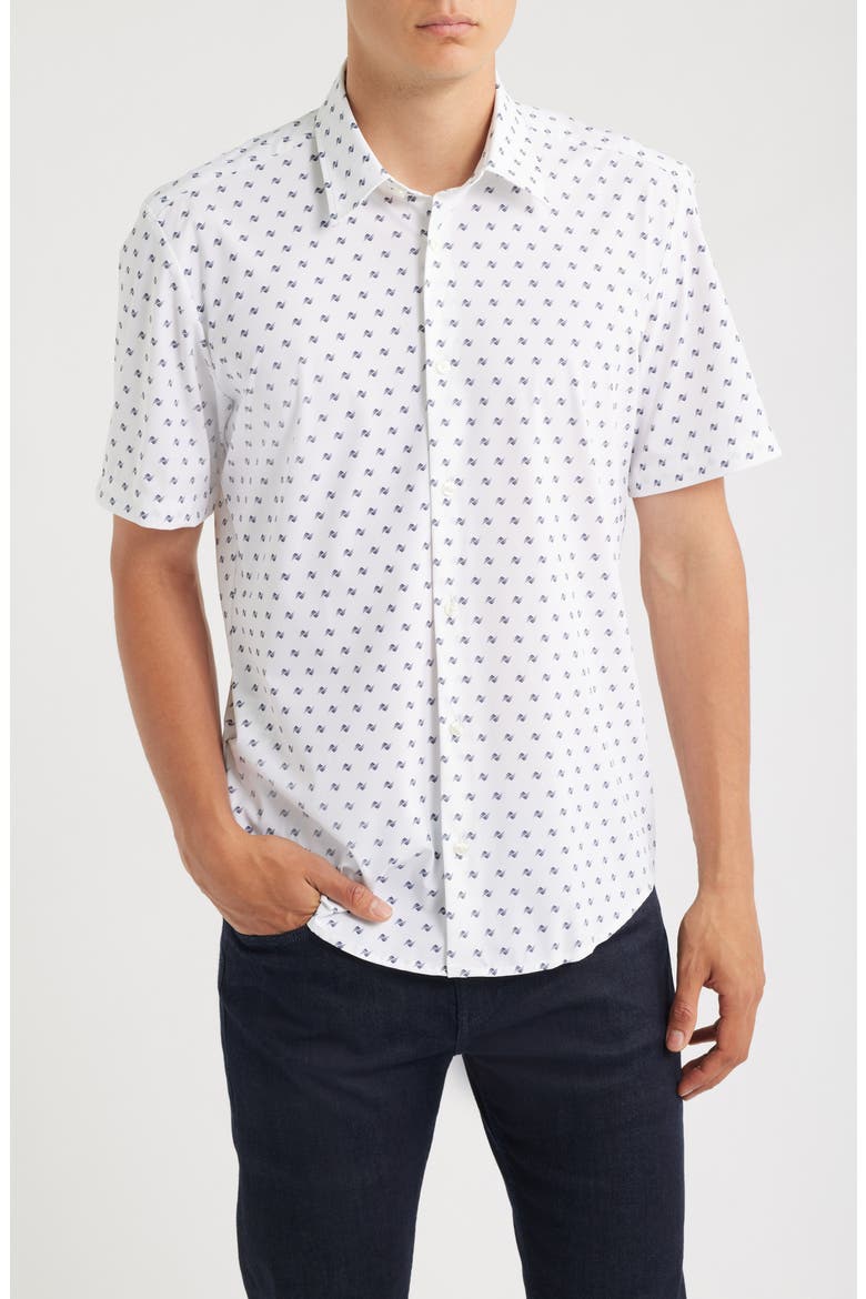 Liam Geo Print Short Sleeve Stretch Nylon Button-Up Shirt, Main, color, OPEN WHITE