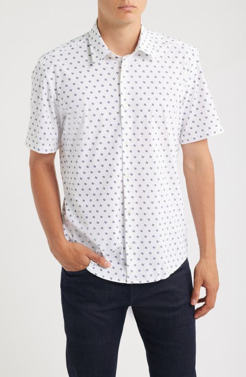 Liam Geo Print Short Sleeve Stretch Nylon Button-Up Shirt
