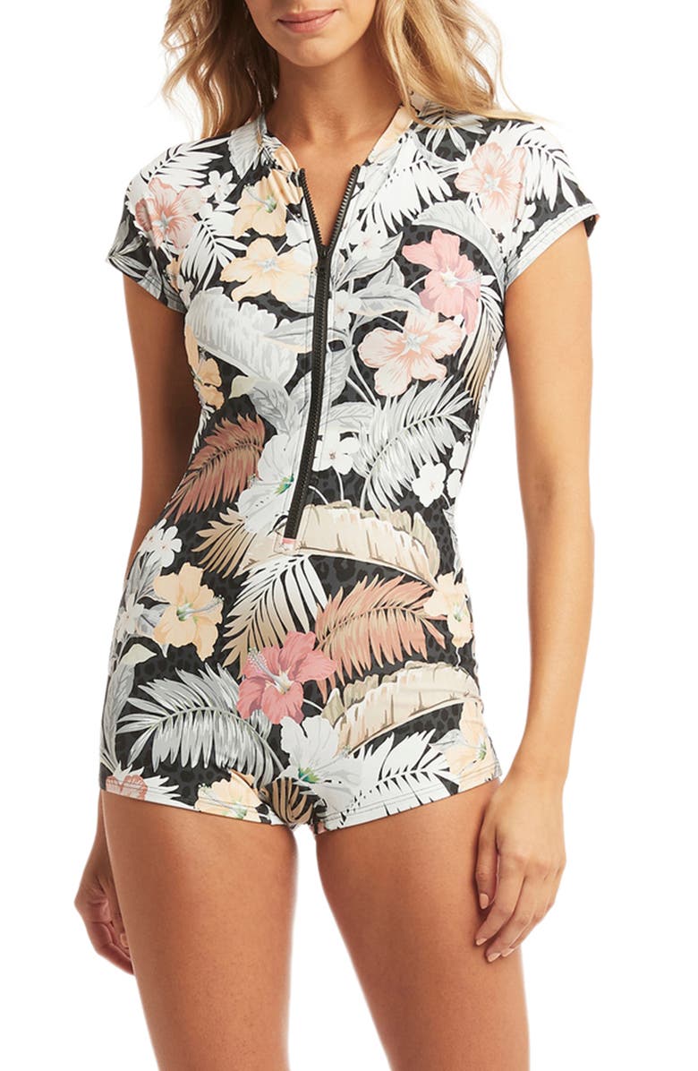 Sea Level Calypso Short Sleeve Front Zip Rashguard Swimsuit, Main, color,