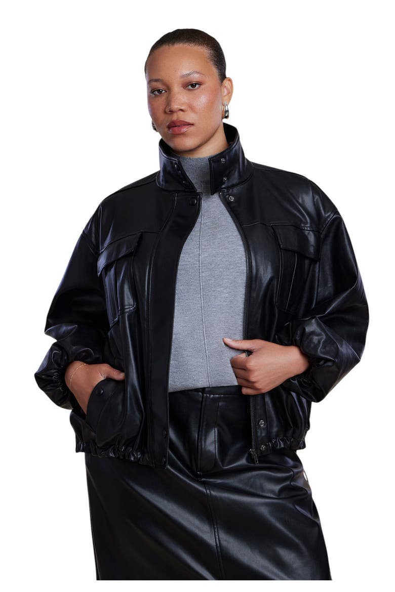 Faux Leather Funnel Neck Jacket, Alternate, color, BLACK ONYX
