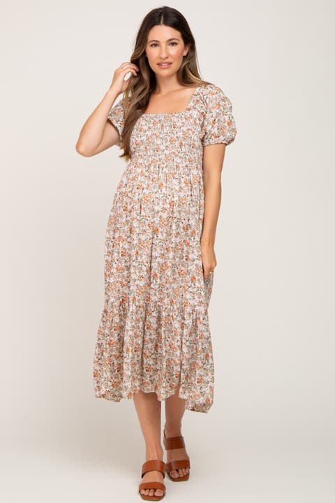 Floral Smocked Puff Sleeve Midi Dress