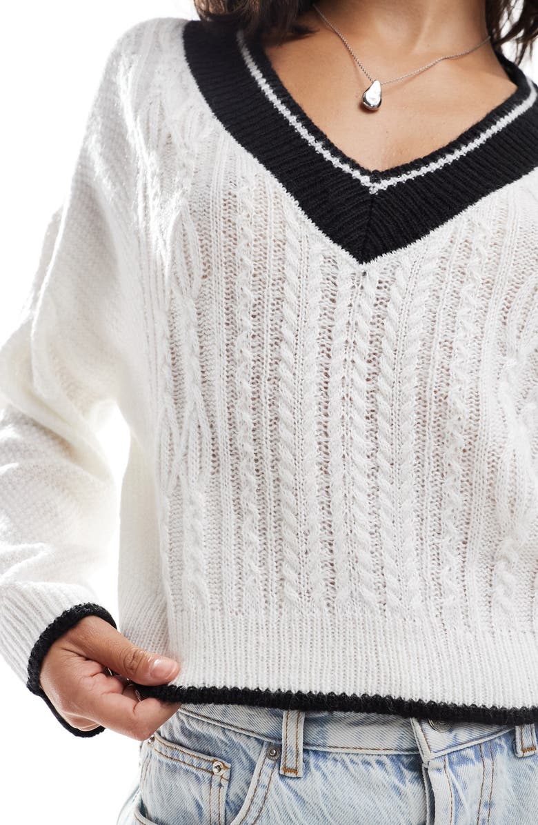 Miss Selfridge Varsity Cable Stitch V-Neck Sweater, Alternate, color, 