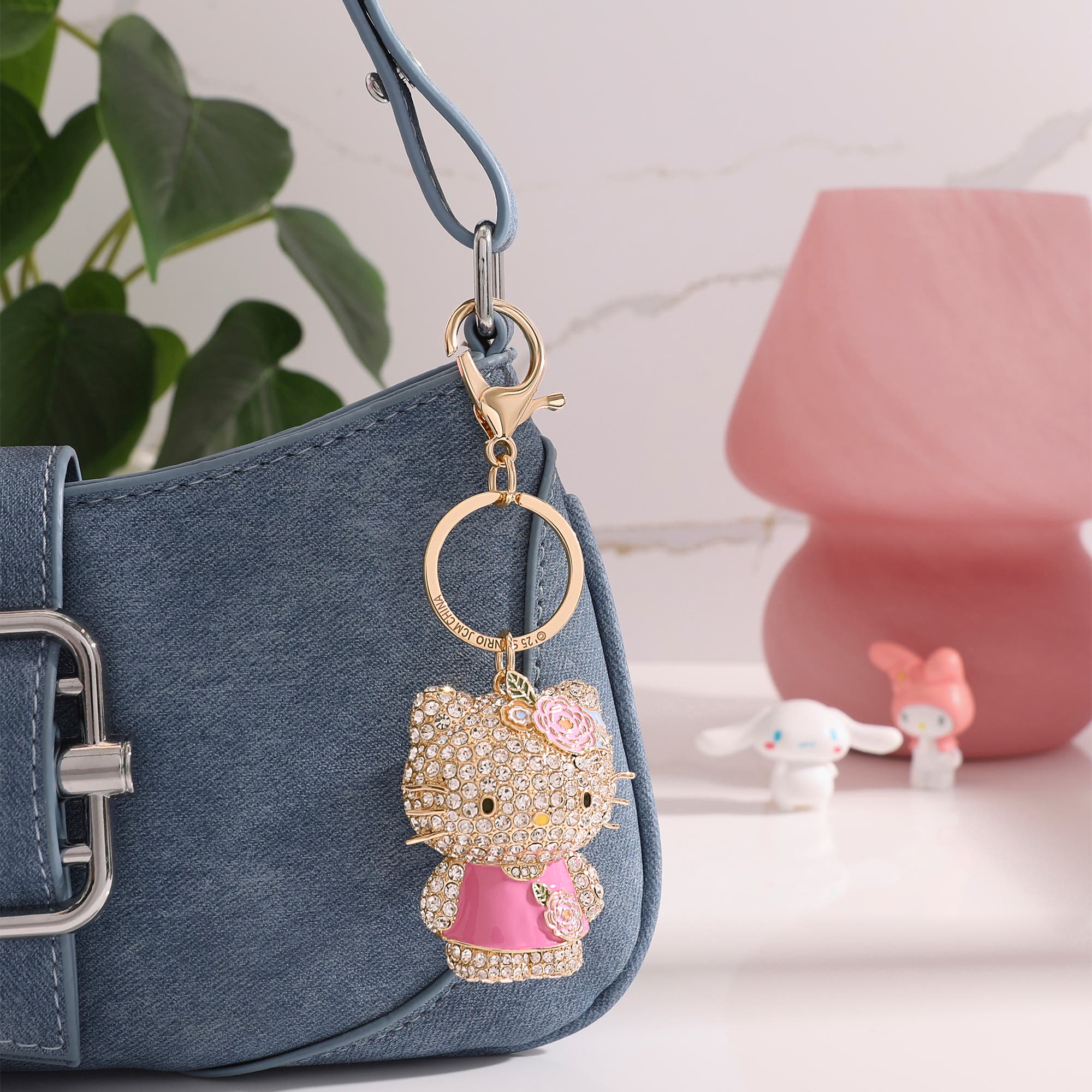 Hello Kitty Sanrio Hello Kitty Pink Crystal Flower Bling Keychain Bag Charm, Alternate, color, Pink/Gold