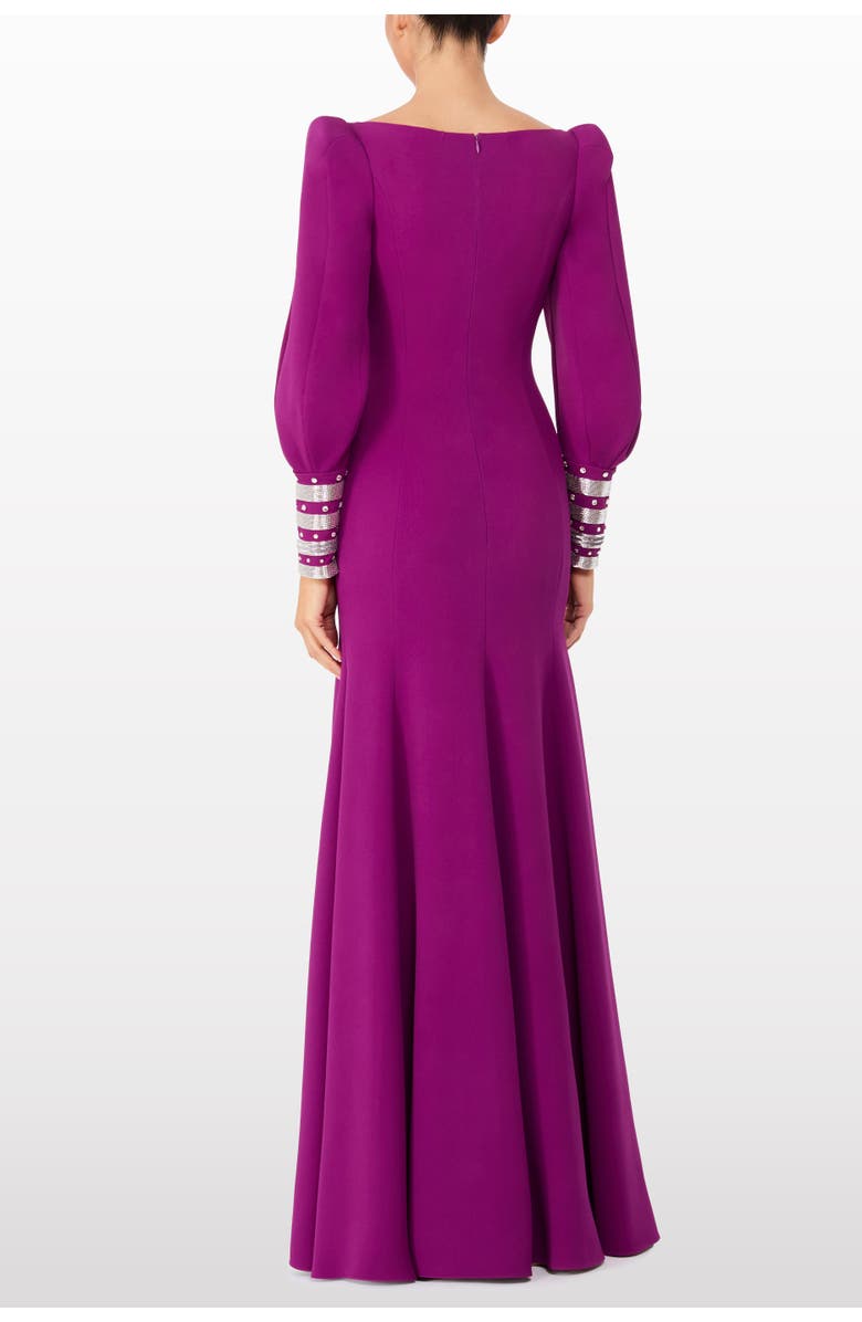 Jenny Packham Francolin Embellished-Cuffs Puff-Sleeve Maxi Dress, Alternate, color, Brassica