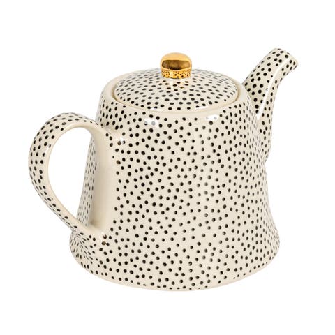 White Stoneware Teapot with Black Speckles & Gold Electroplating