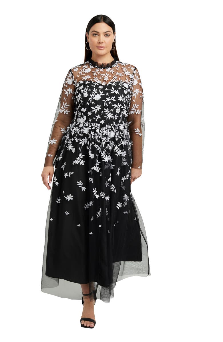 June + Vie Mesh-Overlay Maxi Dress, Main, color, Botanical Bliss