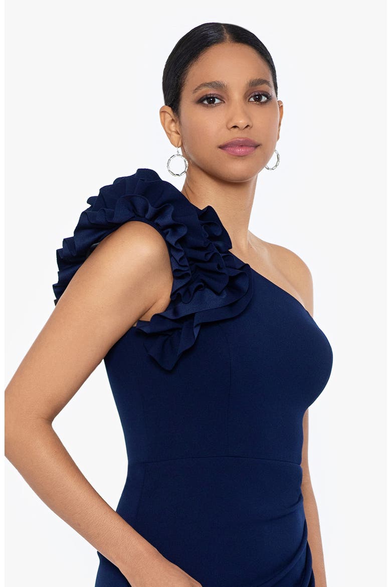 Ruffle One-Shoulder Scuba Crepe Gown, Alternate, color, NAVY