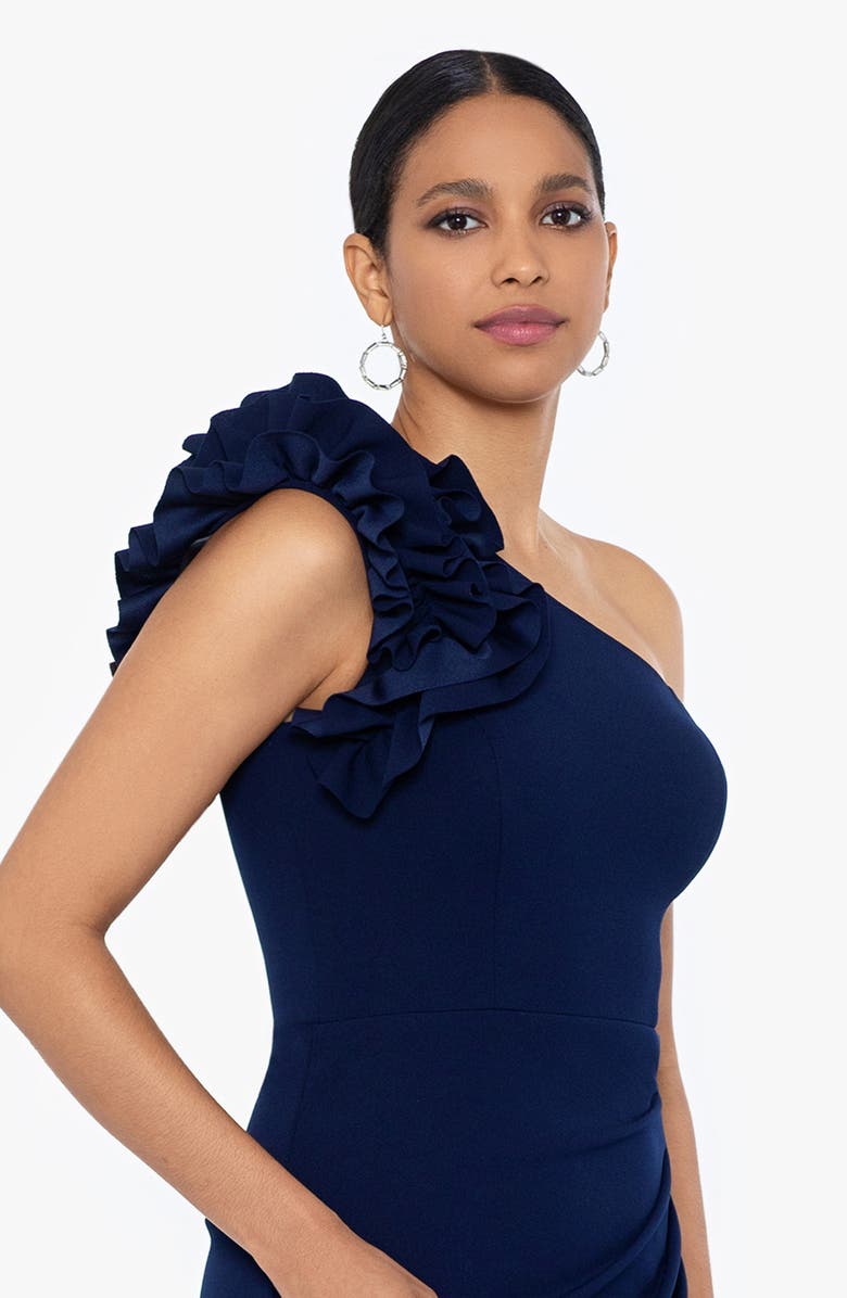 Xscape Evenings Ruffle One-Shoulder Scuba Crepe Gown, Alternate, color, Navy
