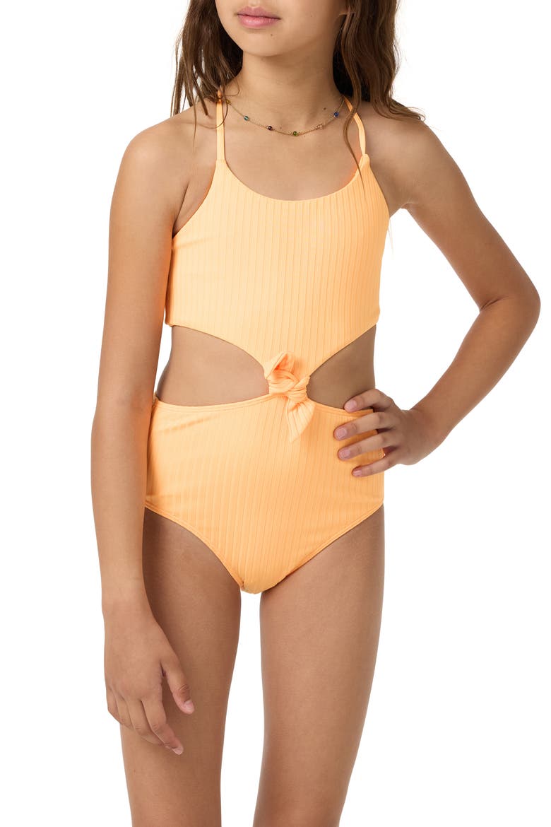 Shorebreak Rib Knot Cutout One-Piece Swimsuit, Main, color, NEON APRICOT NECTAR