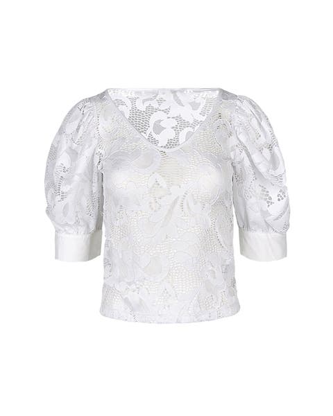 Women's  Katia White V-Neck Top With Sheer Mesh Sleeves