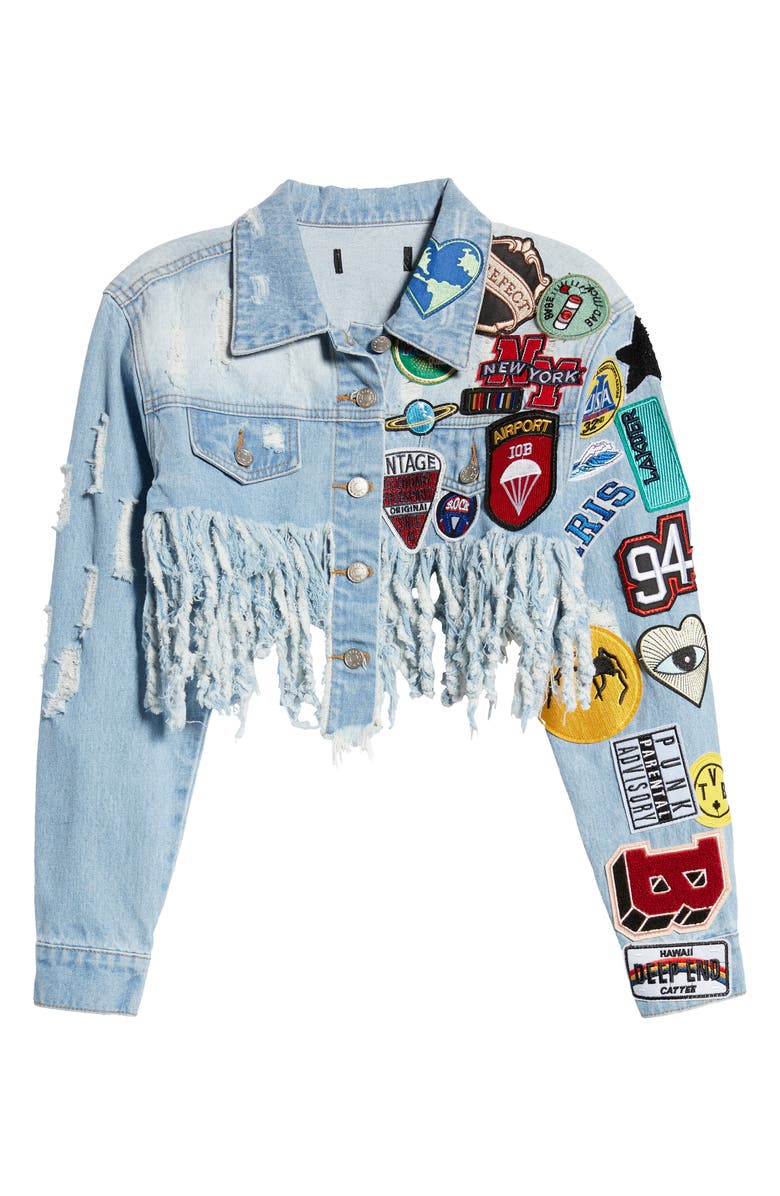 AZALEA WANG Patch Fringe Denim Jacket, Alternate, color, 