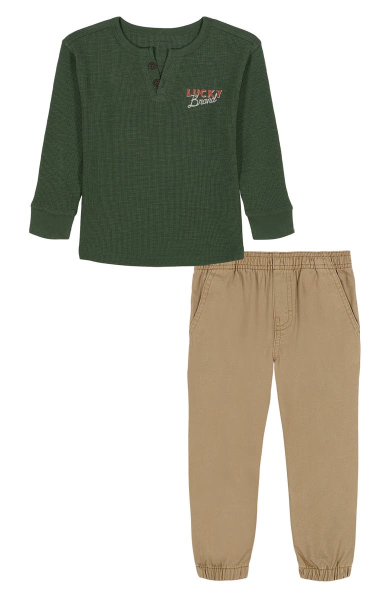 Lucky Brand Kids' Long Sleeve Thermal Henley & Pants Set, Main, color, Green