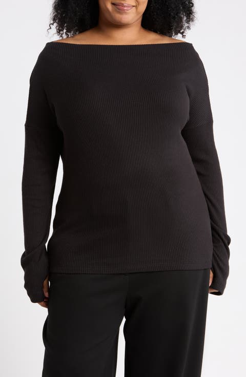 Off the Shoulder Rib Knit Long Sleeve Top