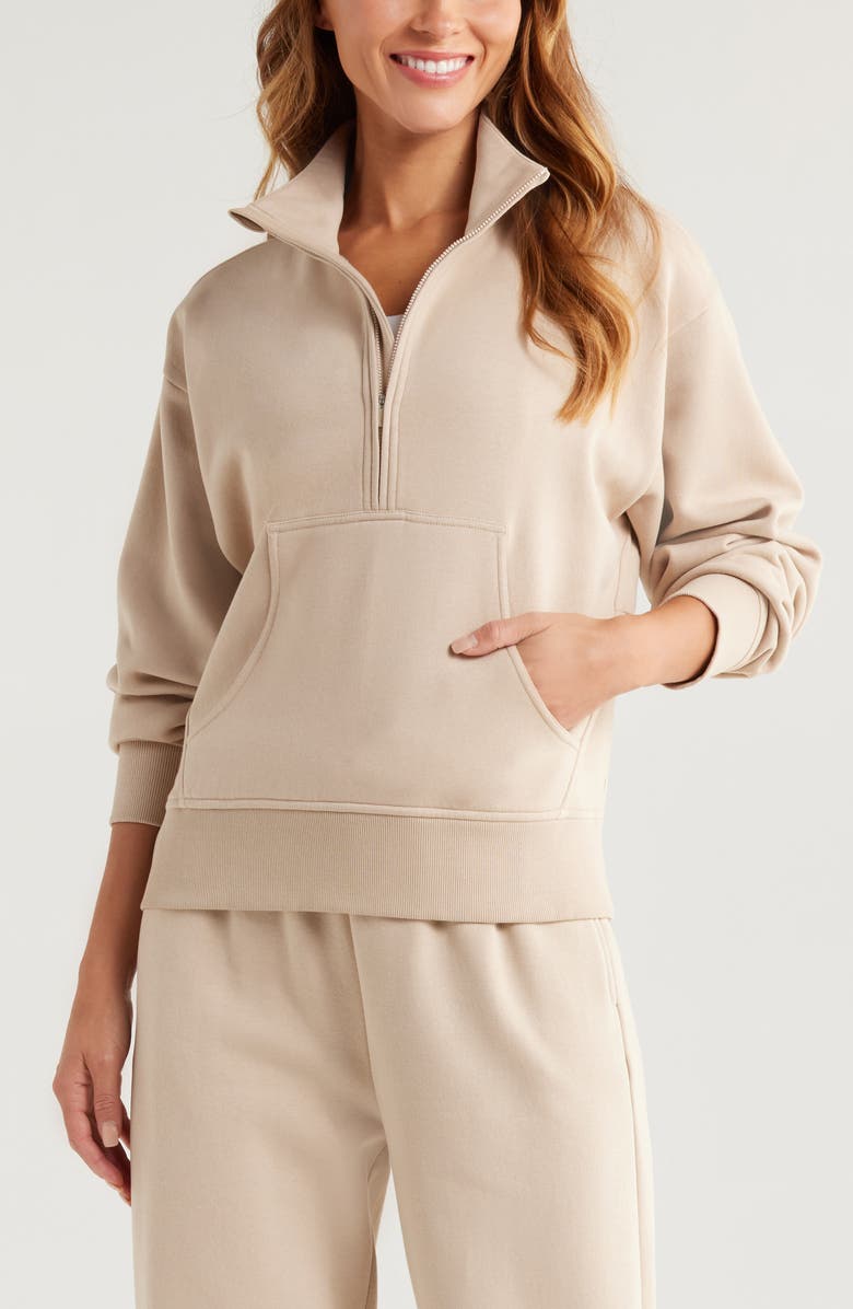 Zella Cloud Fleece Half Zip Sweatshirt, Main, color, Tan Oxford