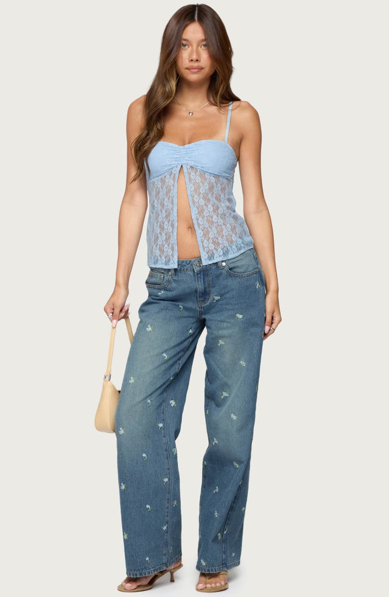 EDIKTED Edna Floral Embroidered Low Rise Wide Leg Jeans, Alternate, color, Blue-Washed
