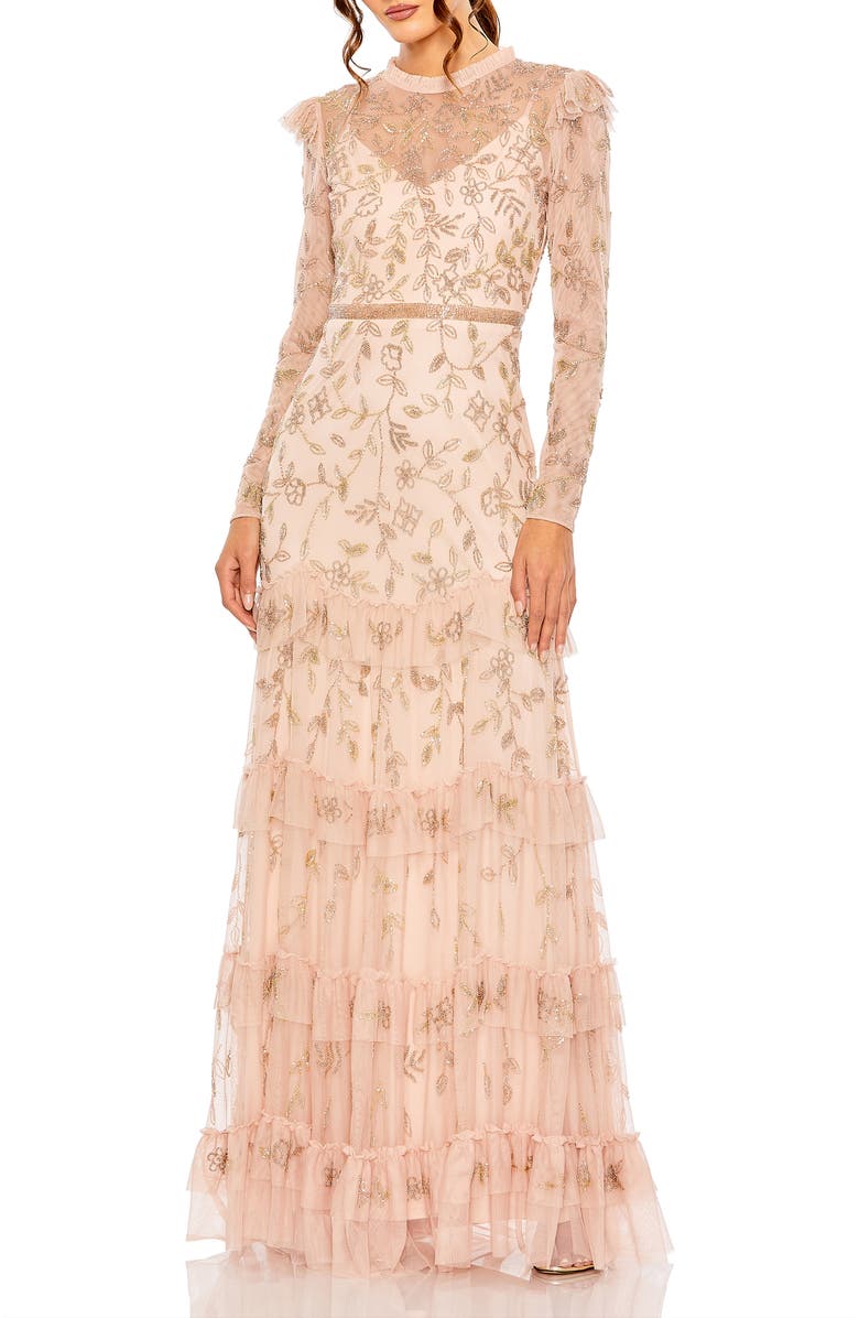 Mac Duggal High Neck Embellished Tiered Gown with Long Sleeves, Main, color, Blush