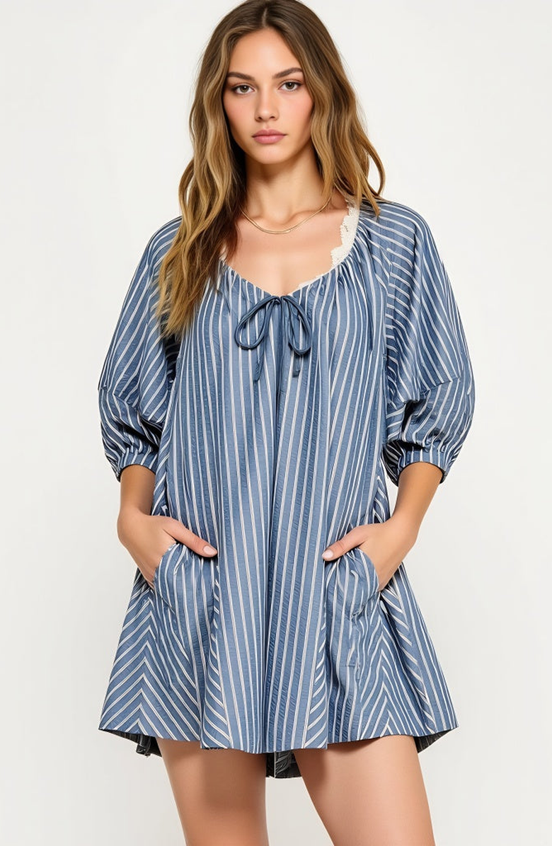 Modenaire Striped V-Neck Romper with 3/4 Sleeves and Front Tie Detail, Alternate, color, Blue Striped