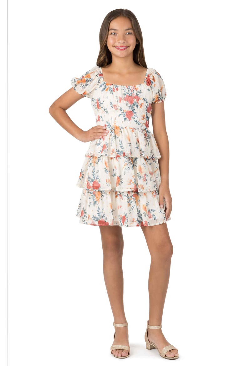 Kids' Floral Tiered Dress, Alternate, color, IVORY/ GREEN