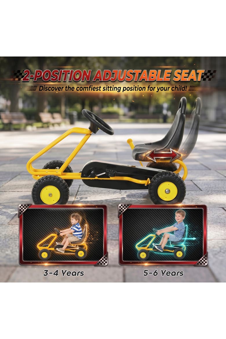 Kids 4-Wheel Pedal Go Kart, Adjustable Seat, Hand Brake, Outdoor Racer, Yellow, Alternate, color, Yellow